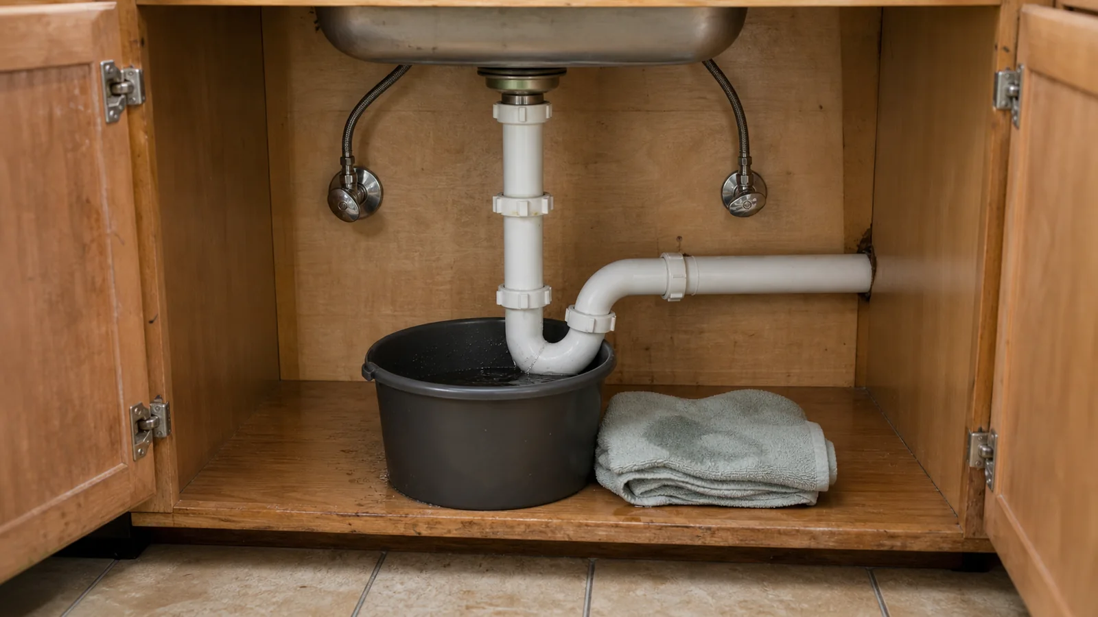 Representative urgent plumbing condition: a localized under-sink leak contained with a bucket and towel.