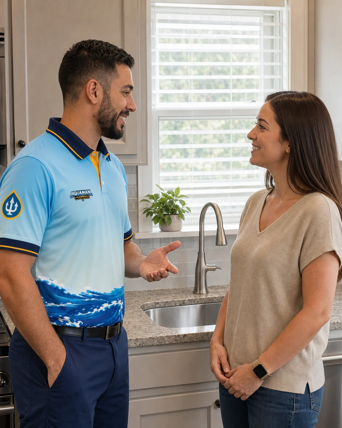 Representative service conversation between a smiling Aquaman Plumbing technician in the approved uniform and a homeowner.